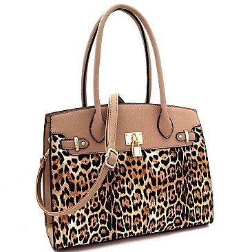 Over Sized Padlock Accent Leopard Print 2-Way Tote