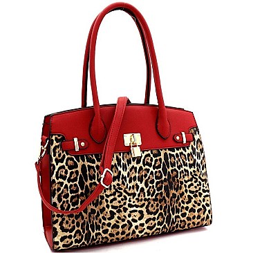 Over Sized Padlock Accent Leopard Print 2-Way Tote