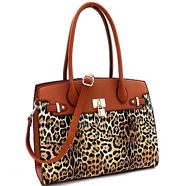 Over Sized Padlock Accent Leopard Print 2-Way Tote