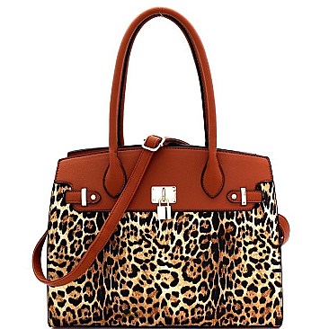 Over Sized Padlock Accent Leopard Print 2-Way Tote