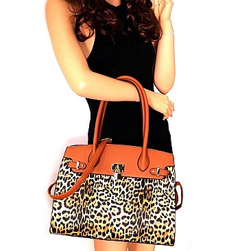Over Sized Padlock Accent Leopard Print 2-Way Tote