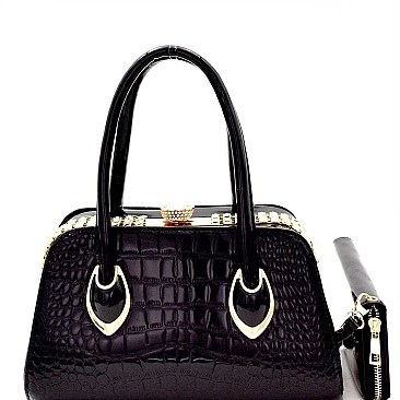 Rhinestone Frame Crocodile Patent Satchel Wallet SET MH-LP7087