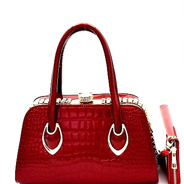 Rhinestone Frame Crocodile Patent Satchel Wallet SET MH-LP7087