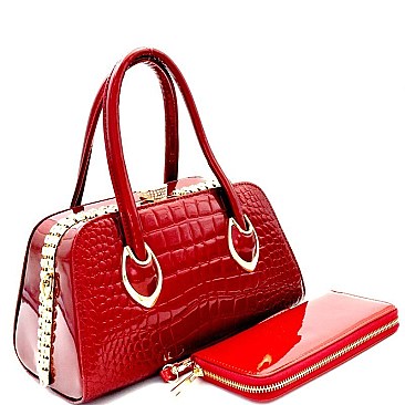 Rhinestone Frame Crocodile Patent Satchel Wallet SET MH-LP7087