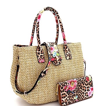 2-Way Flower Leopard Print Accent Straw Satchel Wallet SET