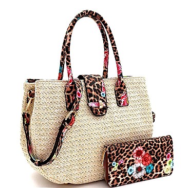 2-Way Flower Leopard Print Accent Straw Satchel Wallet SET