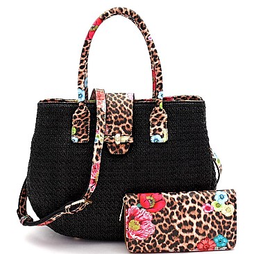 2-Way Flower Leopard Print Accent Straw Satchel Wallet SET