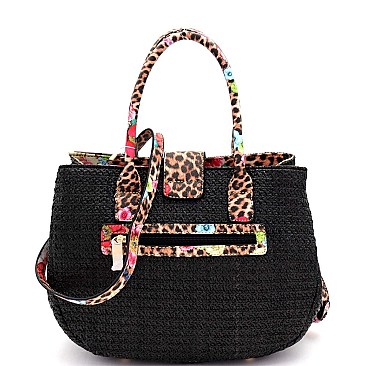 2-Way Flower Leopard Print Accent Straw Satchel Wallet SET