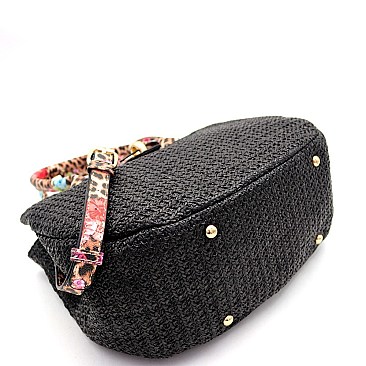 2-Way Flower Leopard Print Accent Straw Satchel Wallet SET