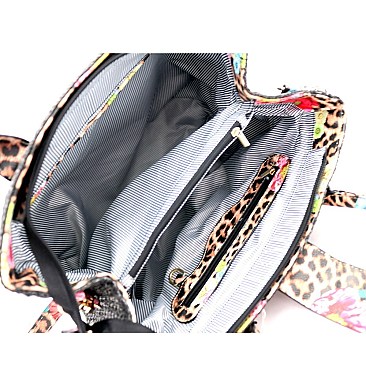 2-Way Flower Leopard Print Accent Straw Satchel Wallet SET