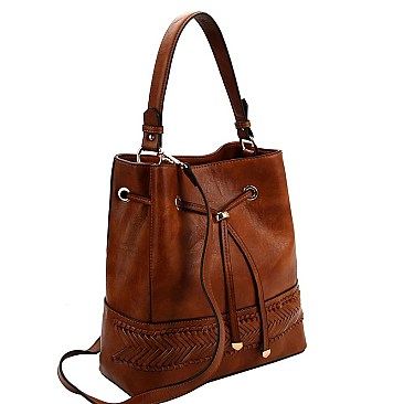 Chic Braid Accent Drawstring 2-Way Bucket Hobo
