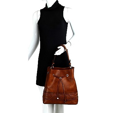 Chic Braid Accent Drawstring 2-Way Bucket Hobo