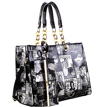 Magazine Print Linked Chain Accent 2 in 1 Tote SET MH-MB2011S
