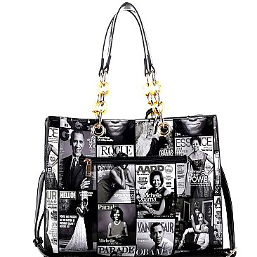 Magazine Print Linked Chain Accent 2 in 1 Tote SET MH-MB2011S