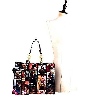Magazine Print Linked Chain Accent 2 in 1 Tote SET MH-MB2011S