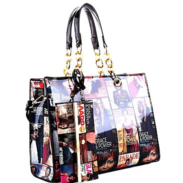 Magazine Print Linked Chain Accent 2 in 1 Tote SET MH-MB2011S