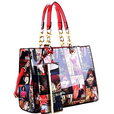 Magazine Print Linked Chain Accent 2 in 1 Tote SET MH-MB2011S
