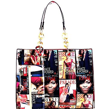 Magazine Print Linked Chain Accent 2 in 1 Tote SET MH-MB2011S