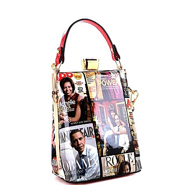Magazine Print Jewel-Top Frame 2-Way Medium Satchel MH-MB5012