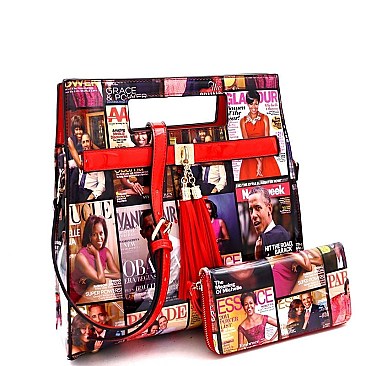 Obama Mag Print Patent Satchel Wallet Set