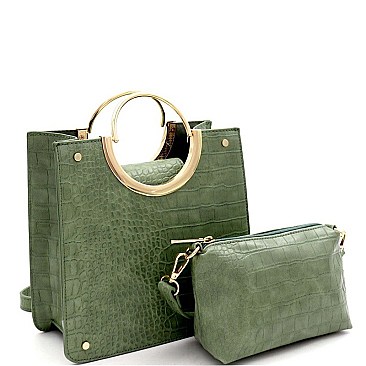 ROUND HANDLE 2 IN 1 CROCODILE PRINT SATCHEL SET