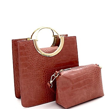 ROUND HANDLE 2 IN 1 CROCODILE PRINT SATCHEL SET