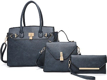 3 IN 1 KEYLOCK DESIGN PLAIN SATCHEL SET