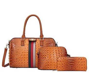 Crocodile Ostrich 3-in-1 Boston Satchel Messenger Wallet Set