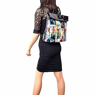 Obama Magazine Print Fold Down Flap Fashion Backpack