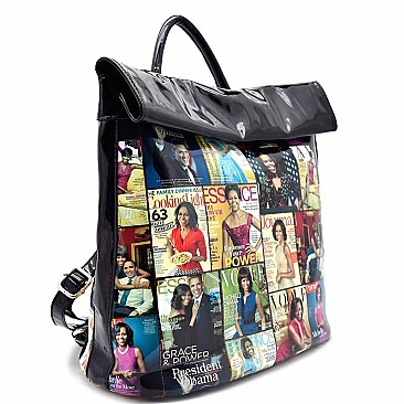 Obama Magazine Print Fold Down Flap Fashion Backpack