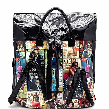 Obama Magazine Print Fold Down Flap Fashion Backpack