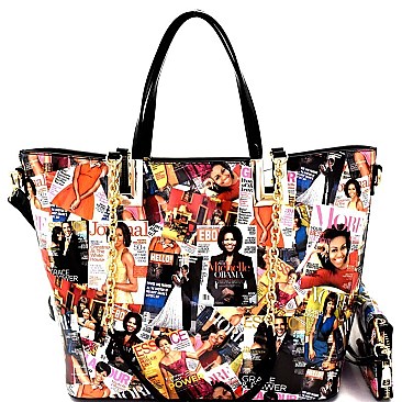Obama Magazine Print 3-Way Chain Tote Wallet SET MH-OB6358W