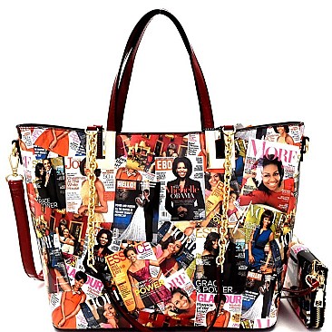 Obama Magazine Print 3-Way Chain Tote Wallet SET MH-OB6358W