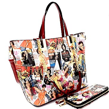 Obama Magazine Print 3-Way Chain Tote Wallet SET MH-OB6358W
