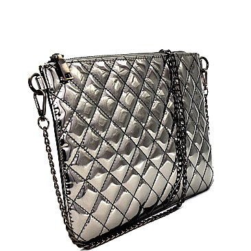 Quilted Metallic Hematite Hardware Flat Clutch