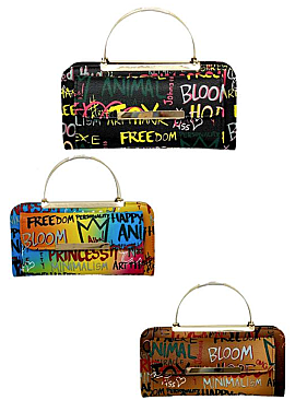 Pack of 6 Top Handle Multi Graffiti Print Round Crossbody Bag Clutch Wallet