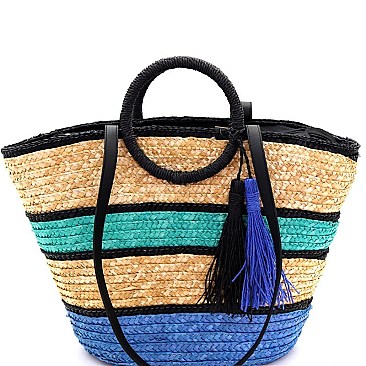 Fashionable Multi-Color Striped Straw Round Handle 2-Way Tote MH-PP6883
