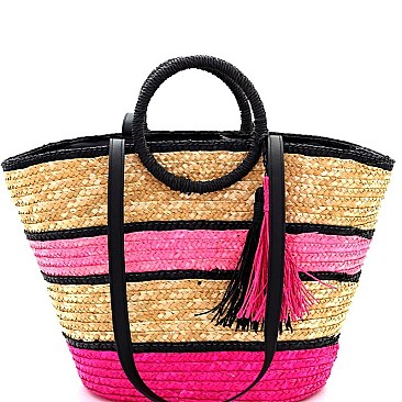 Fashionable Multi-Color Striped Straw Round Handle 2-Way Tote MH-PP6883