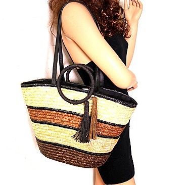 Fashionable Multi-Color Striped Straw Round Handle 2-Way Tote MH-PP6883