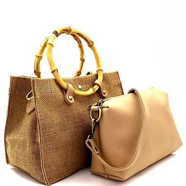 Linen Round Bamboo Accent 2Way Satchel