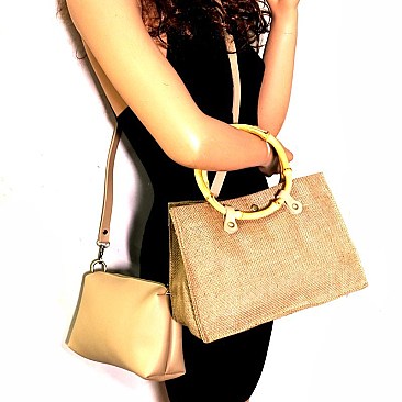 Linen Round Bamboo Accent 2Way Satchel