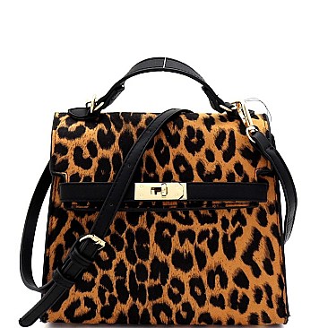 TURN-LOCK ACCENT LEOPARD PRINT SATCHEL SHOULDER BAG