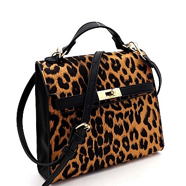 TURN-LOCK ACCENT LEOPARD PRINT SATCHEL SHOULDER BAG