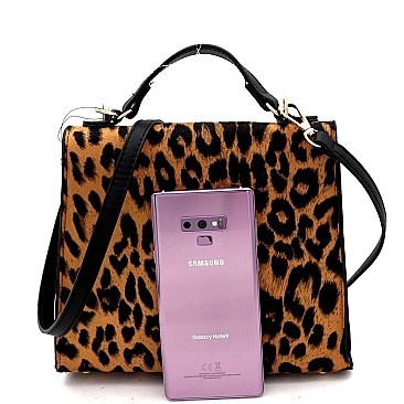 TURN-LOCK ACCENT LEOPARD PRINT SATCHEL SHOULDER BAG