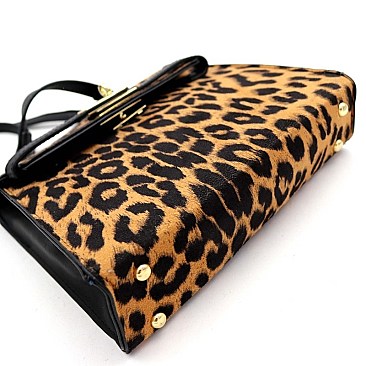 TURN-LOCK ACCENT LEOPARD PRINT SATCHEL SHOULDER BAG