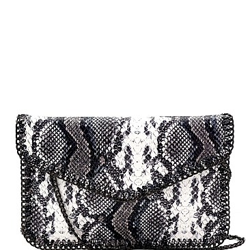 SNAKE PRINT CHAIN LINK ACCENT ENVELOPE CLUTCH