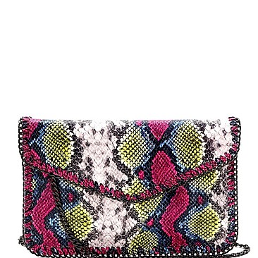 SNAKE PRINT CHAIN LINK ACCENT ENVELOPE CLUTCH