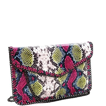 SNAKE PRINT CHAIN LINK ACCENT ENVELOPE CLUTCH