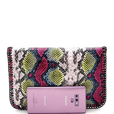 SNAKE PRINT CHAIN LINK ACCENT ENVELOPE CLUTCH