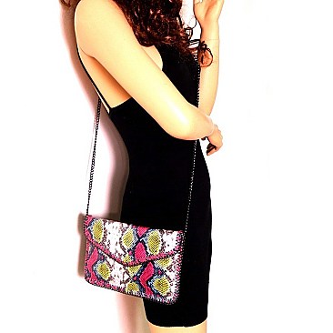 SNAKE PRINT CHAIN LINK ACCENT ENVELOPE CLUTCH